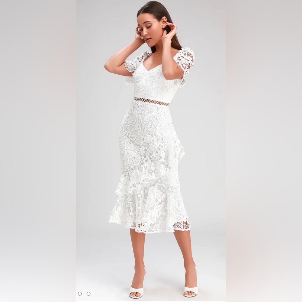 🤍 LULU’S BRIARWOOD WHITE LACE RUFFLED MIDI DRESS SMALL 🤍
